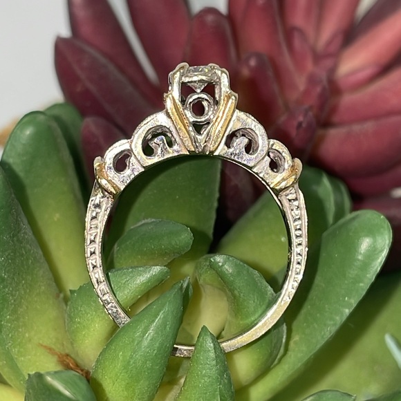 Solid 14K White Yellow Gold Natural Diamond Antique Engagement Ring - Picture 8 of 17